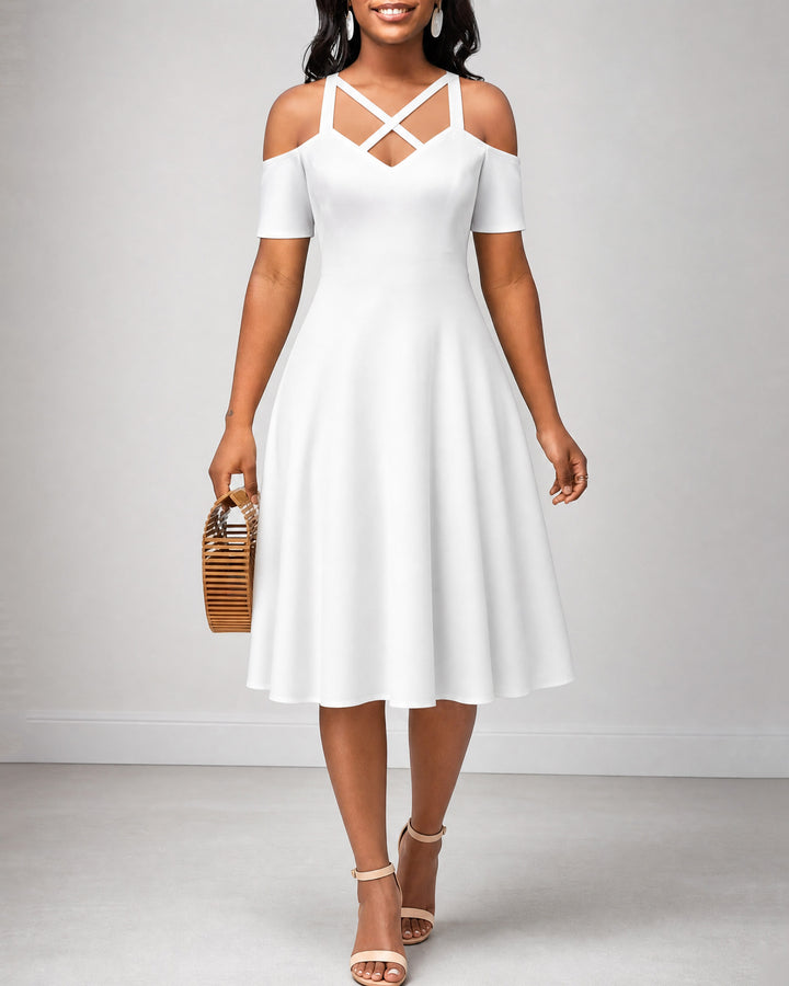 Solid Color Cross Cut V-neck Midi Dress