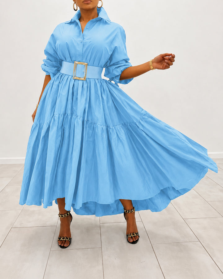 Collared Balloon Sleeve Tiered Ruffle Flowy Maxi Shirt Dress