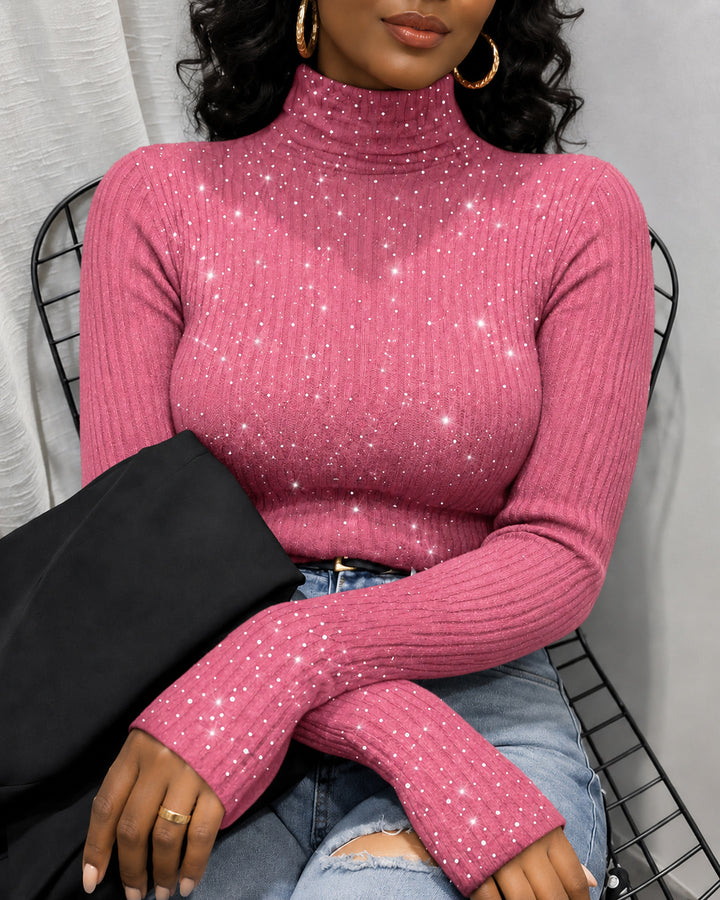 Turtleneck Rhinestone-Studded Stretch Long-Sleeved Sweater