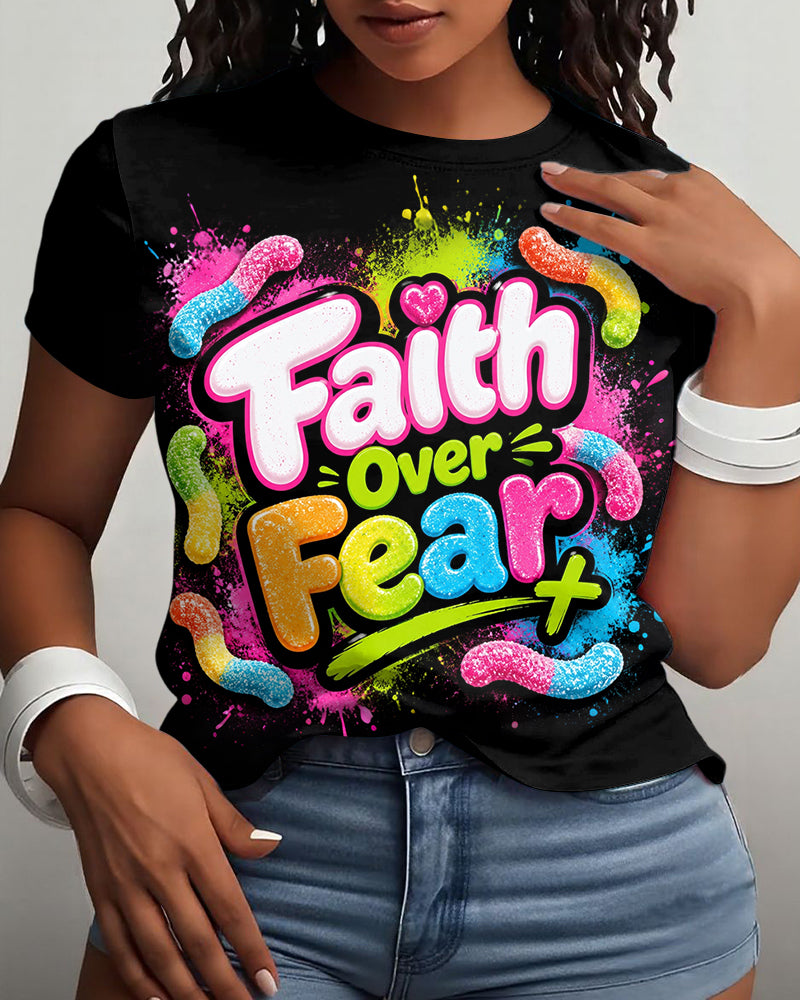 Colored Letters Faith Over Fear Print Crew Neck Short Sleeve Tshirt