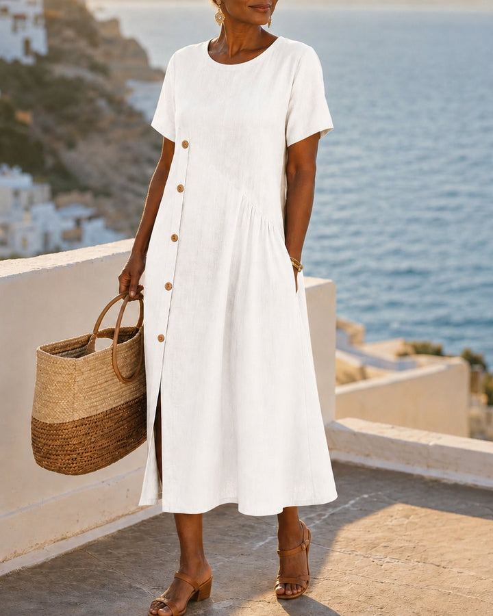 Cotton-Linen Asymmetric Button Midi Dress