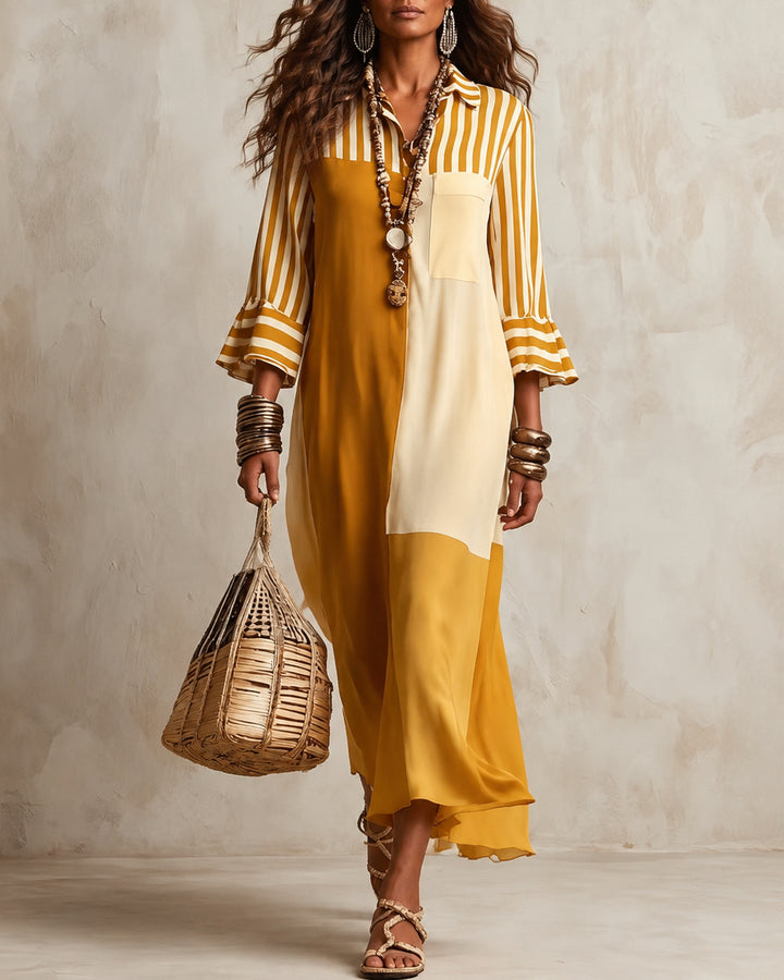 Elegant Striped Patchwork 3/4 Sleeve Shirt Dress