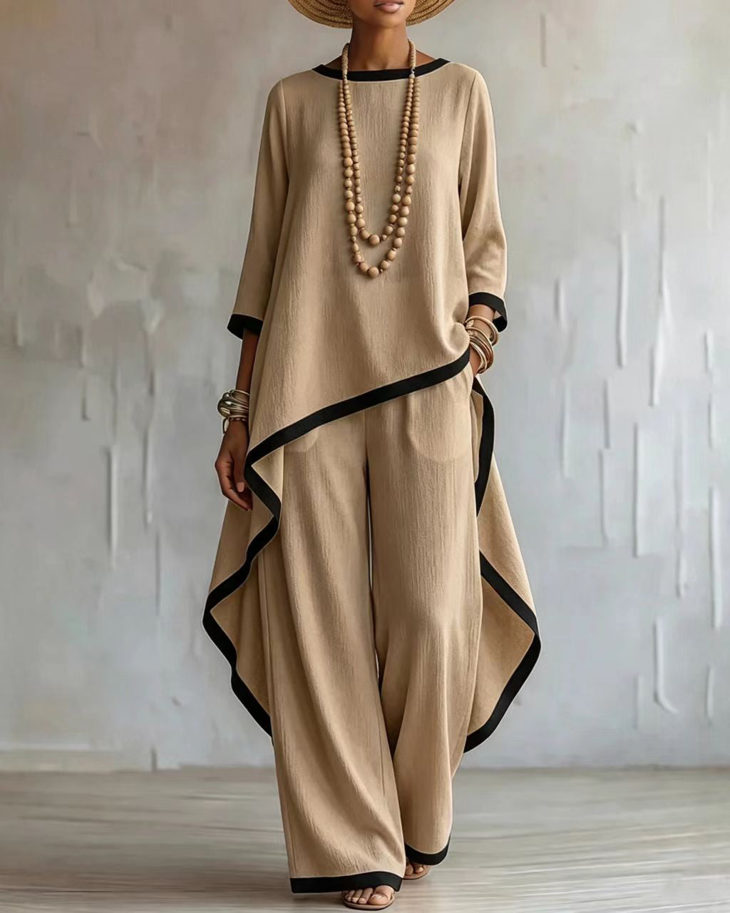 Loose Round-neck High-low Asymmetric Blouses&shirts Tops + Pockets Pants Trousers Two Pieces Set