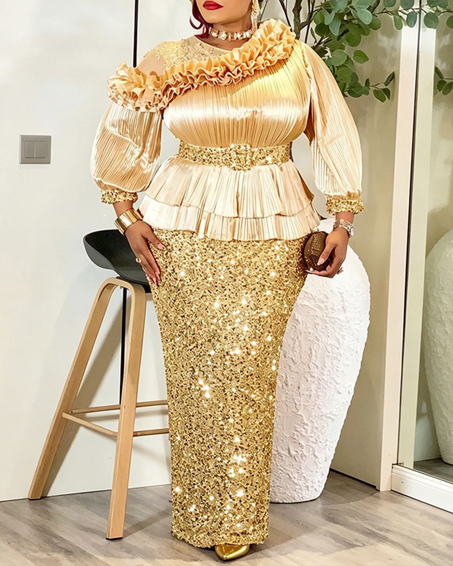Plus‑Size Pleated Ruffle Peplum Sequin Maxi Dress
