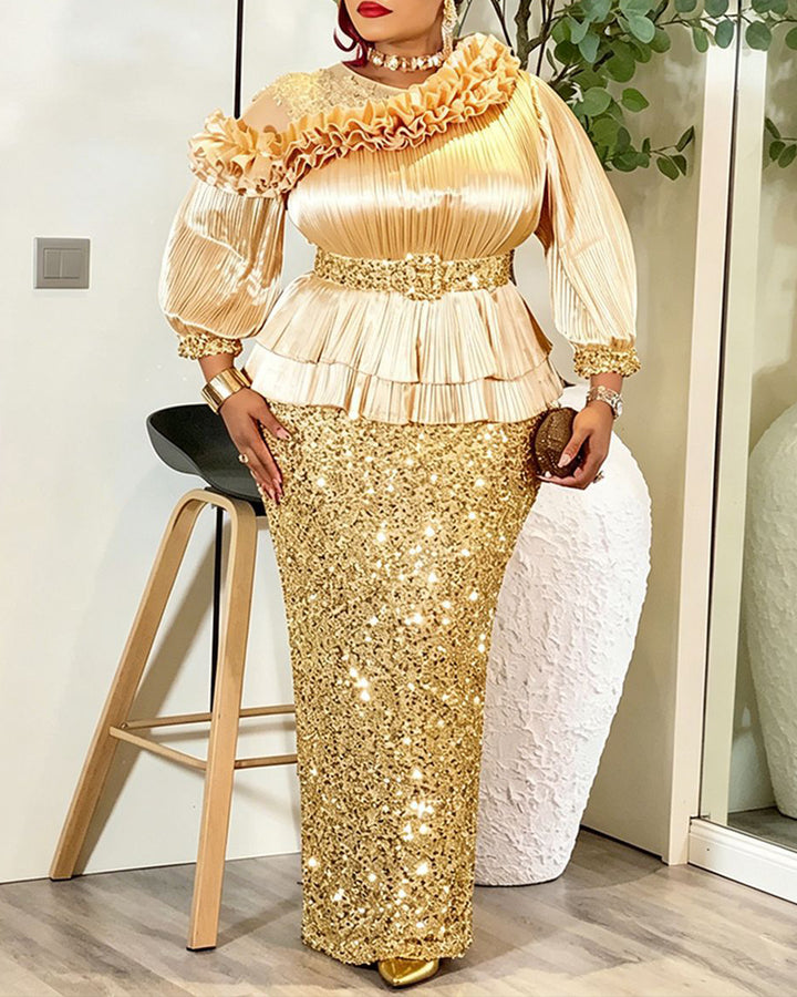 Plus‑Size Pleated Ruffle Peplum Sequin Maxi Dress