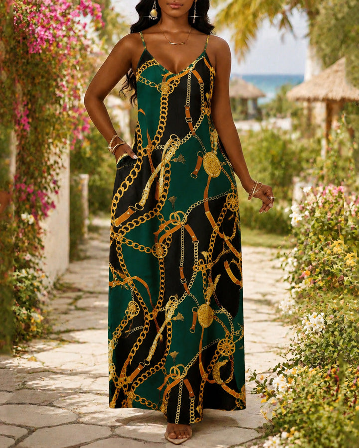 Sling Gold Chain Color-blocked Print Pocket Maxi Dress