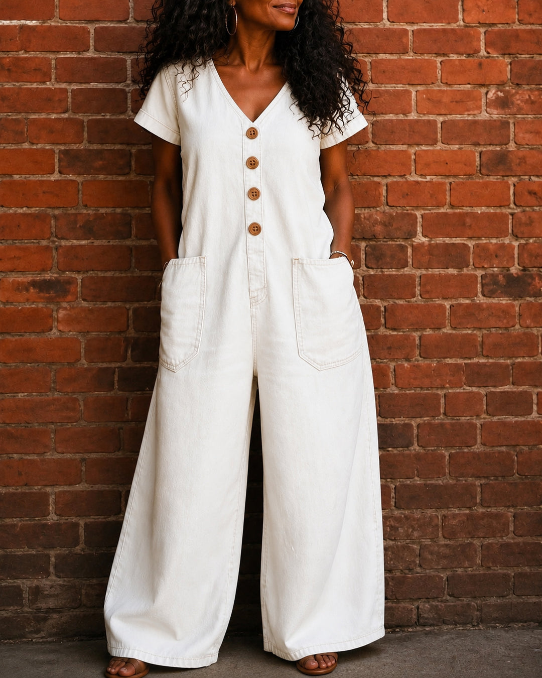 100% Denim V-neck Pocket Wide-leg Jumpsuit
