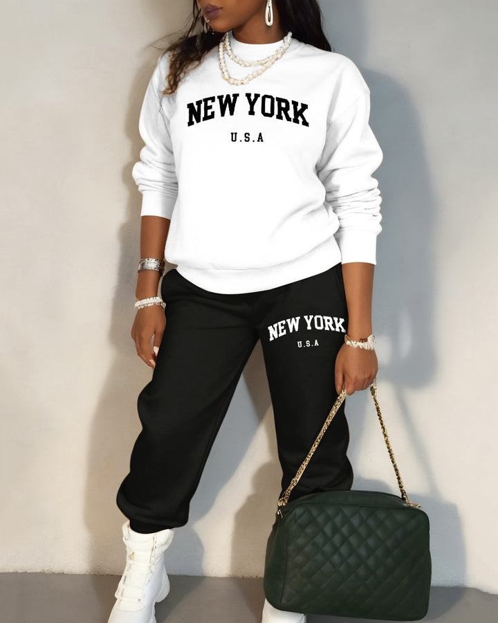 New York Color Blocking Crew Neck Sweatshirt Two Pieces Set