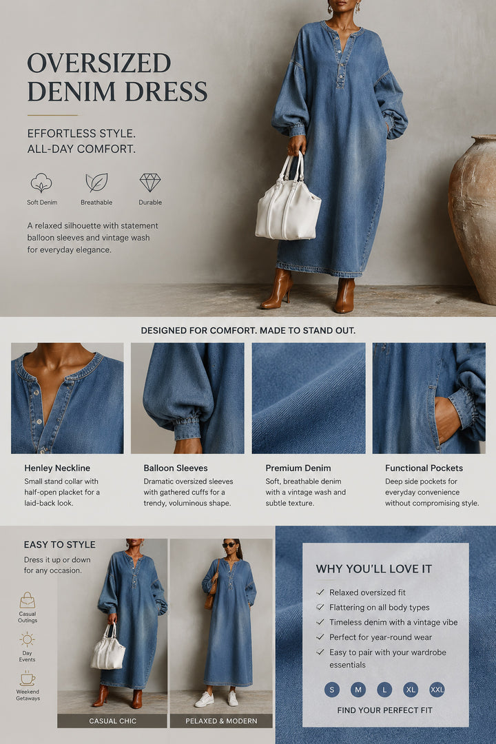 Washed Denim Henley Collar Lantern Sleeve Dress