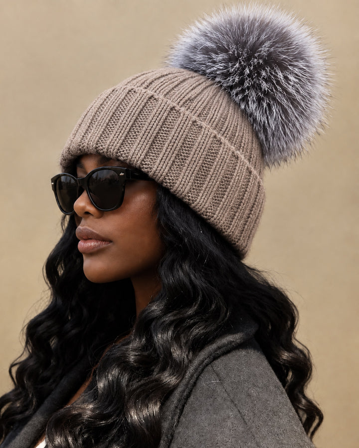 Women Ribbed Knit Beanie Hat with Large Faux Fur Pom Pom