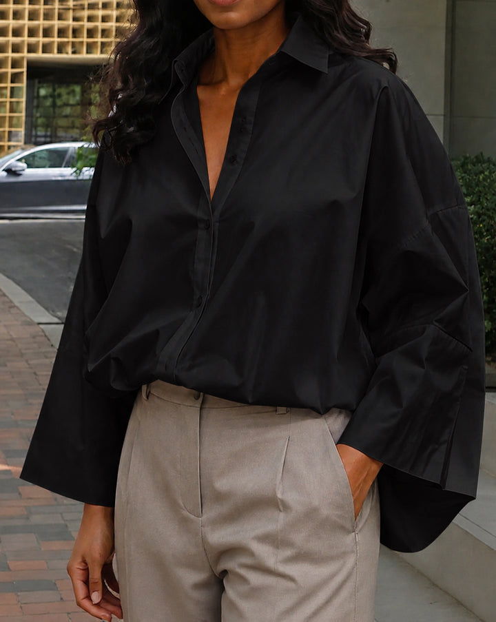 Solid Color Long Sleeve Oversized Collared Blouse