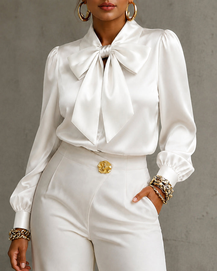 Elegant Satin Bow Collar Puff Sleeve Blouse