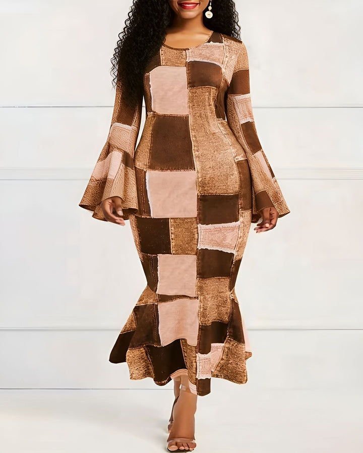 Crew Neck Geometric Color Block Contrast Flared Sleeve Slim Bodycon Dress