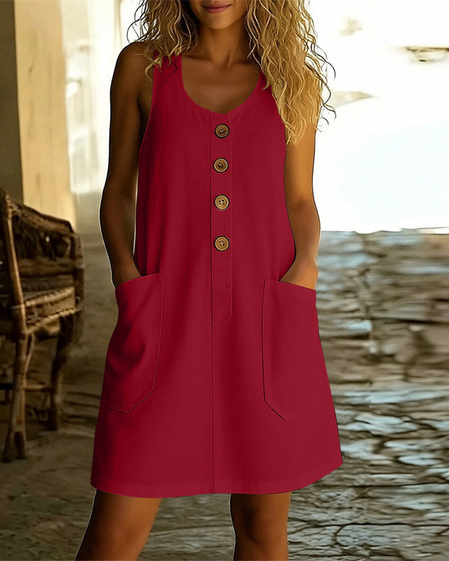 U-neck Button-down Sleeveless Cotton Linen Dress