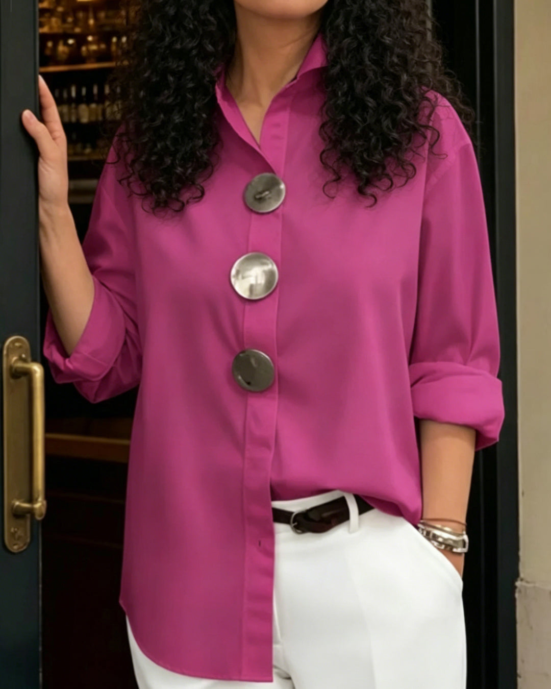 Solid Color Stand Collar Long Sleeve Shirt with Metal Buttons