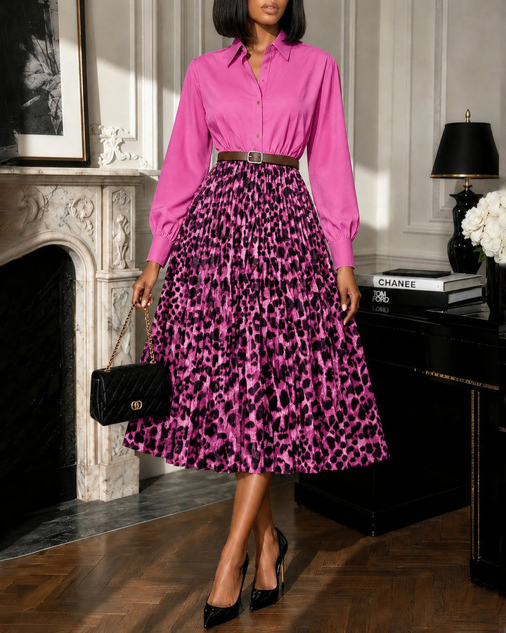 Leopard-print Long Sleeve Button Down Panel Pleated Midi Dress