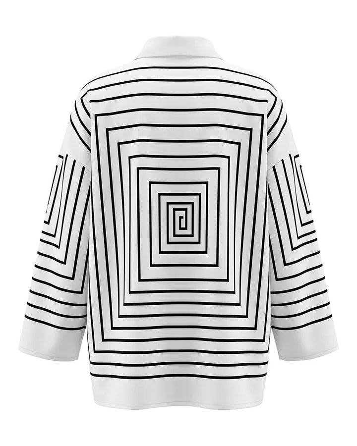 Printed Line Buttoned Loose Long Sleeves Lapel Blouses&Shirts Tops
