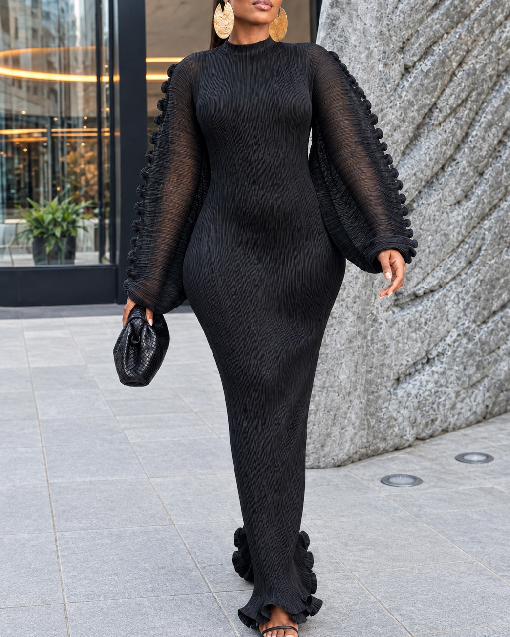 Women's Pleated Mock Neck Ruffled Puff Long Sleeve Mermaid Maxi Dress