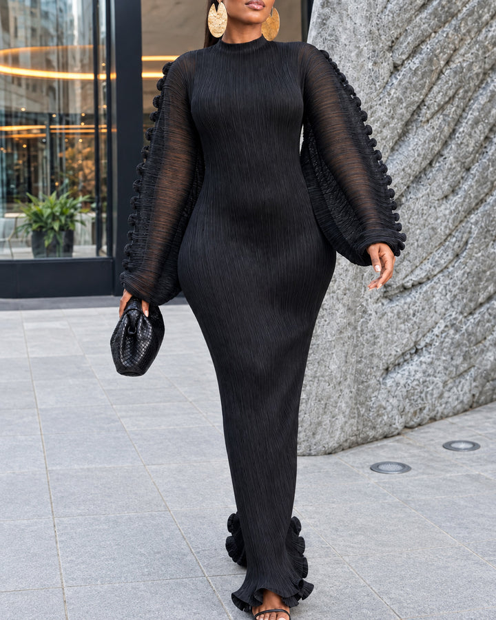 Women's Pleated Mock Neck Ruffled Puff Long Sleeve Mermaid Maxi Dress