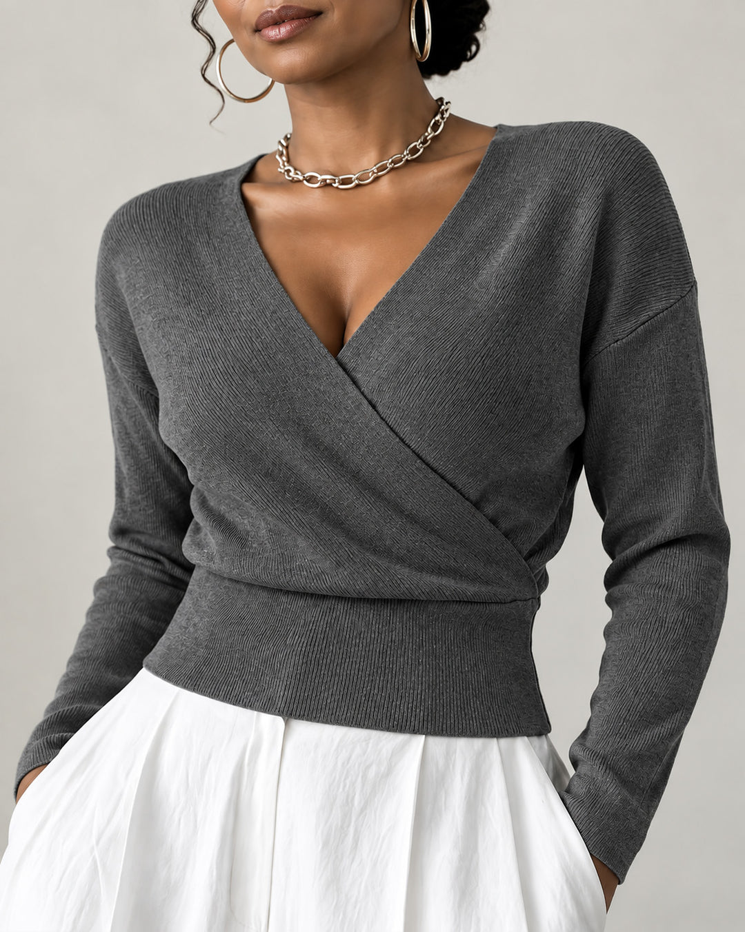 Women's Wrap V Neck Ribbed Knit Top