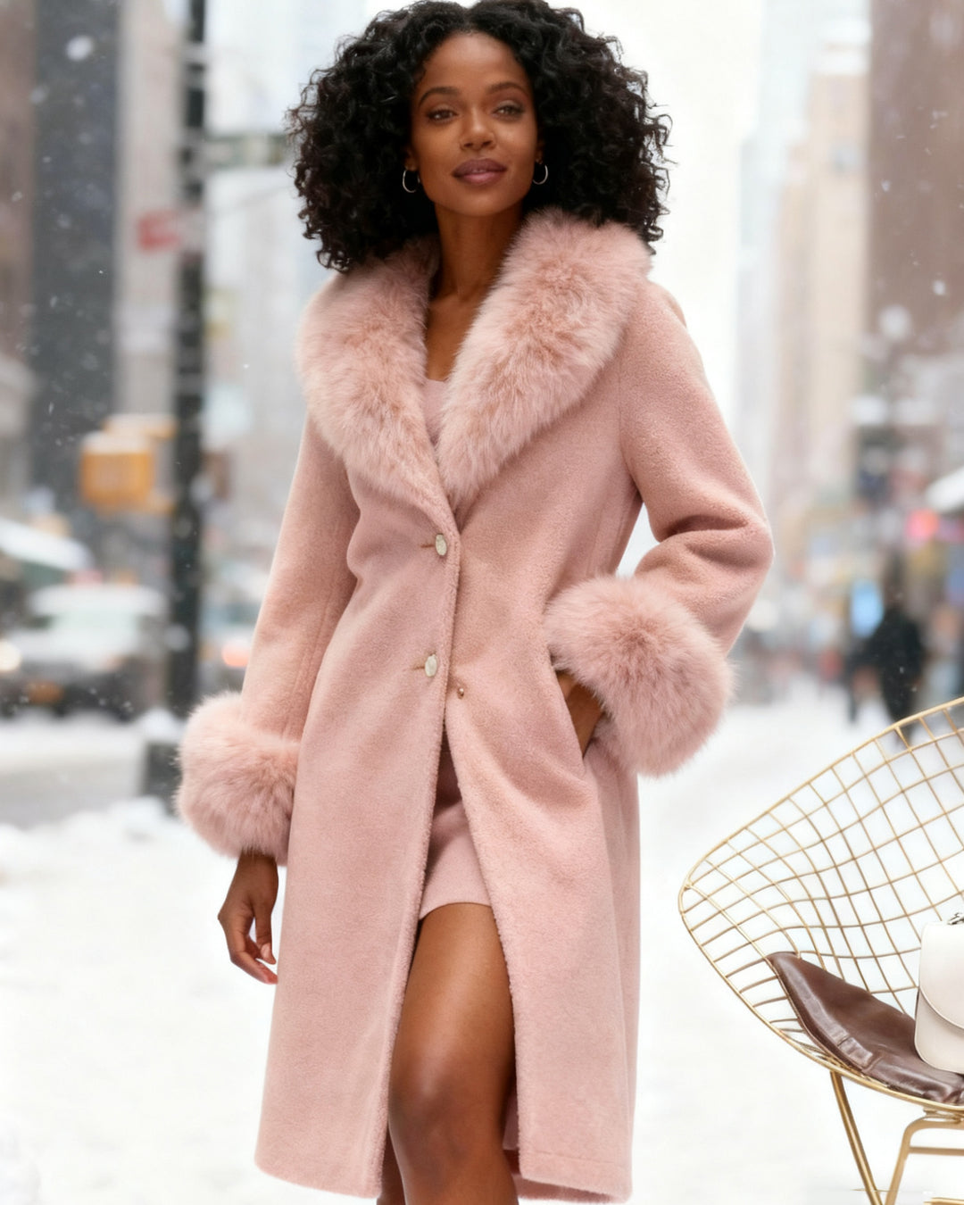 Imitation Lamb Fur Coat Women's Long Imitation Fox Fur Collar Particles