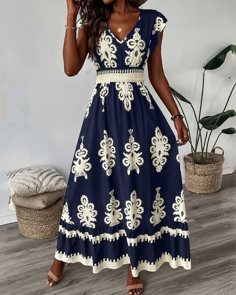 Women's Elegant Short Sleeve V-Neck High Waist Elastic Waistband  Boho Pattern Print Maxi Dress