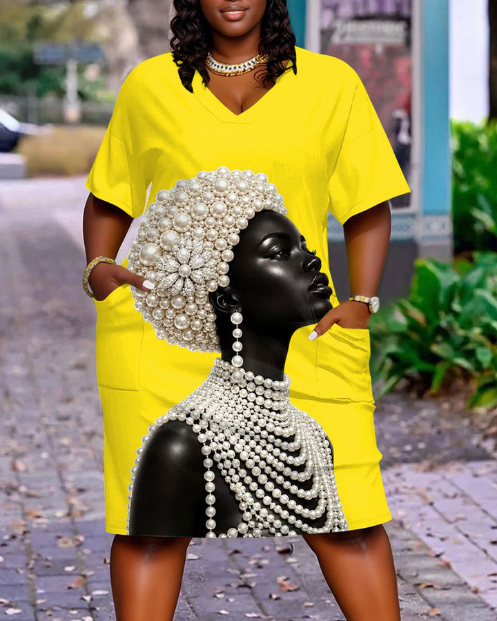 Pearl Black Women's Art Print Pocket Casual Dress