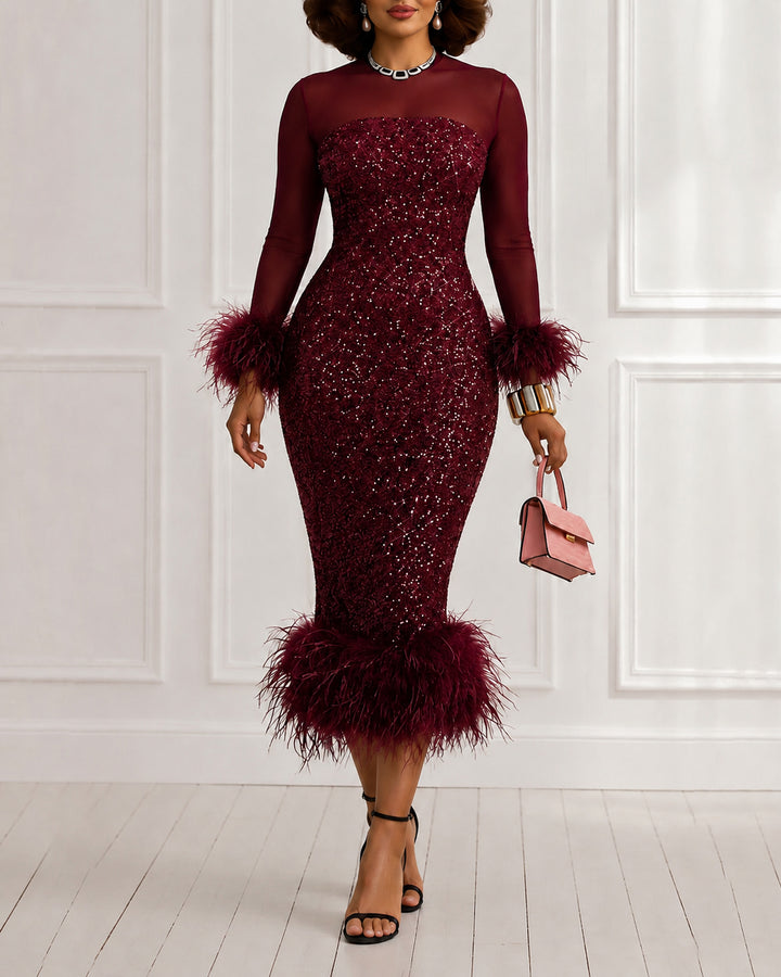 Sequin Mesh Long Sleeve Feather Trim Bodycon Dress Midi Dress