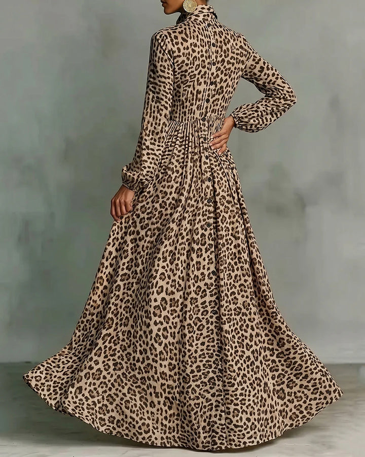 Long Sleeves Buttoned Contrast Color Leopard Pleated Pockets Lapel Maxi Dresses