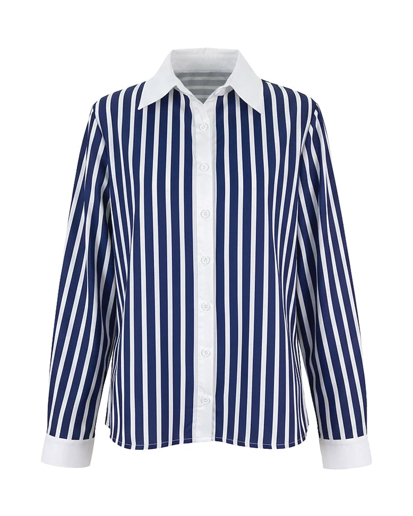 Long Sleeves Buttoned Contrast Color Striped Lapel Blouses&Shirts Tops