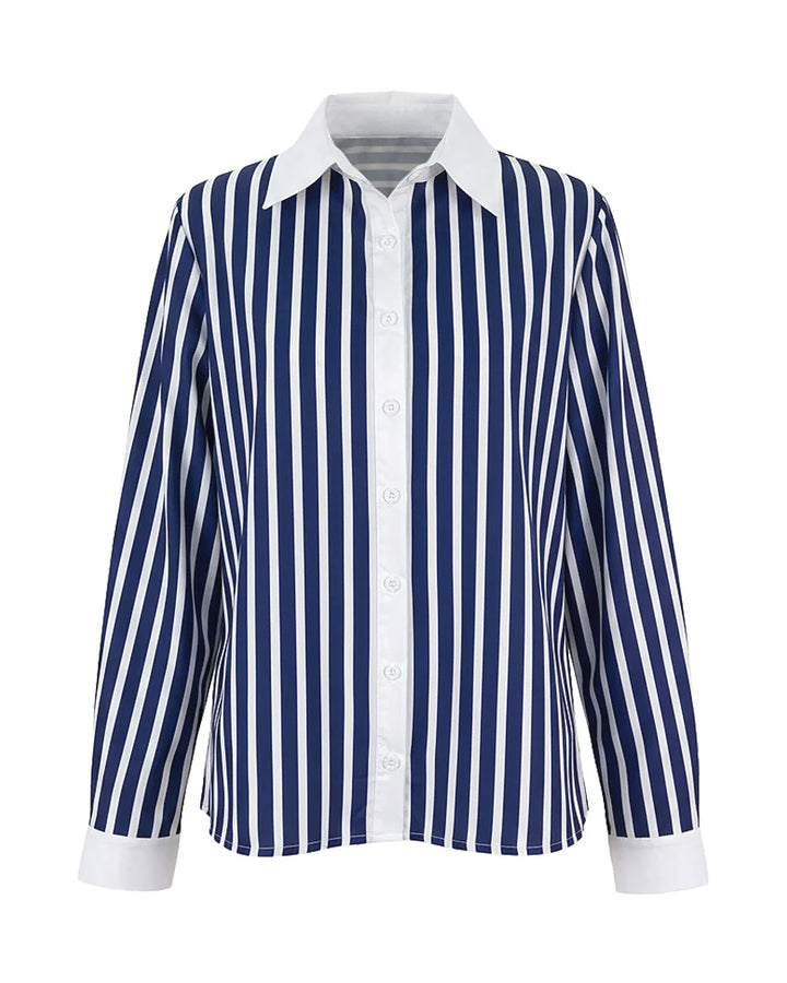 Long Sleeves Buttoned Contrast Color Striped Lapel Blouses&Shirts Tops