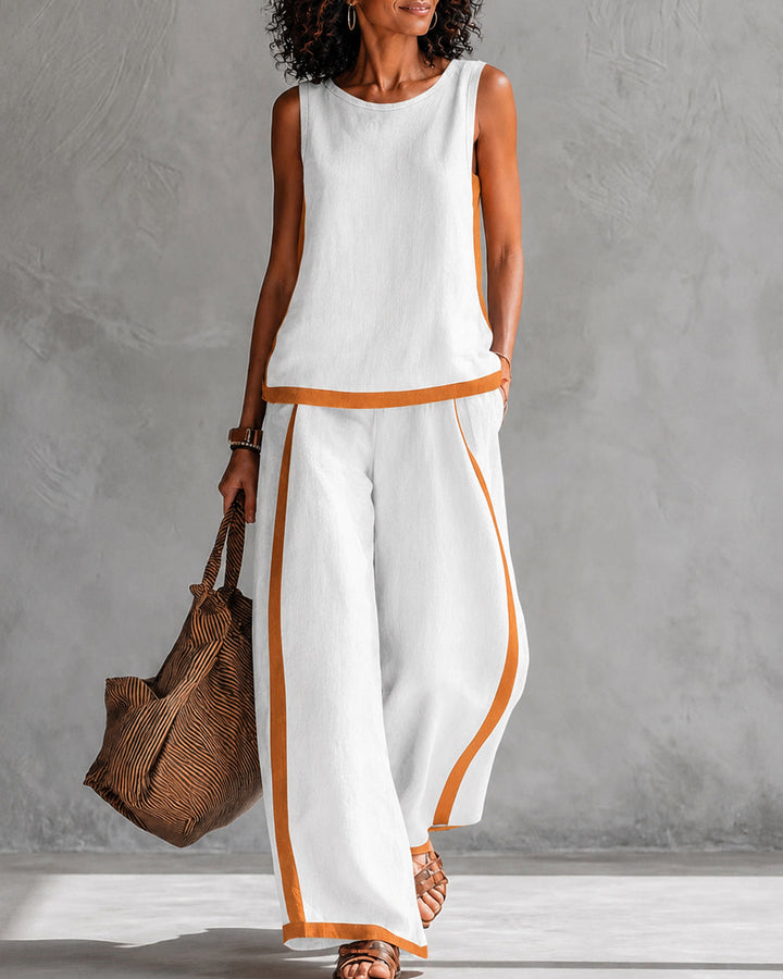 Simple Striped Crew Neck Sleeveless Top & Wide Leg Pants Two Piece Set