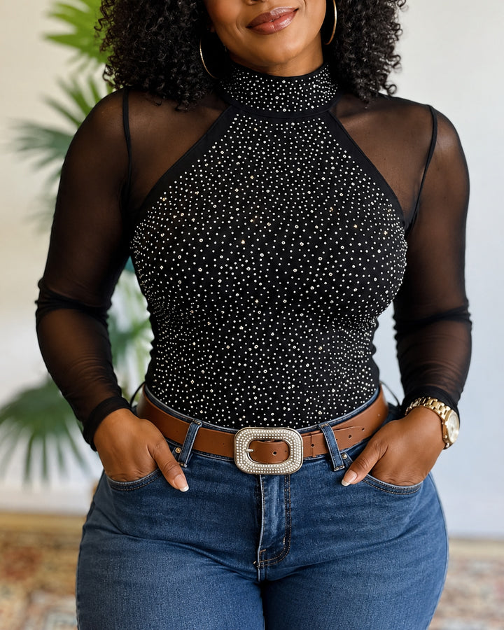Mock Neck Spliced Mesh Rhinestone Sheer Long Sleeve Top