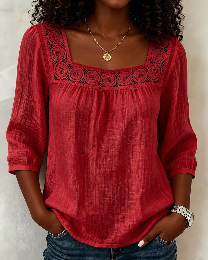 Square Neck Lace Spliced 3/4 Sleeve Cotton Linen Blouse