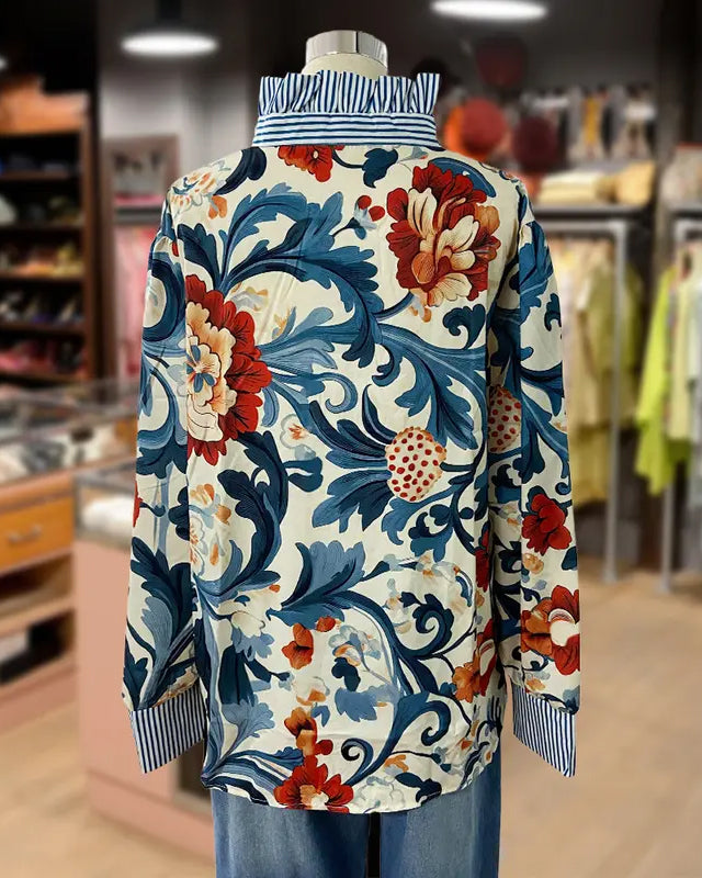 Women's Vintage Floral Print Striped Collar Top Going Outfits Blouses