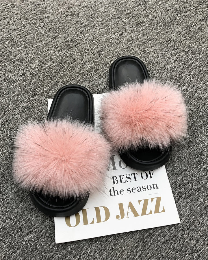 Stylish Raccoon Fur Casual Slippers