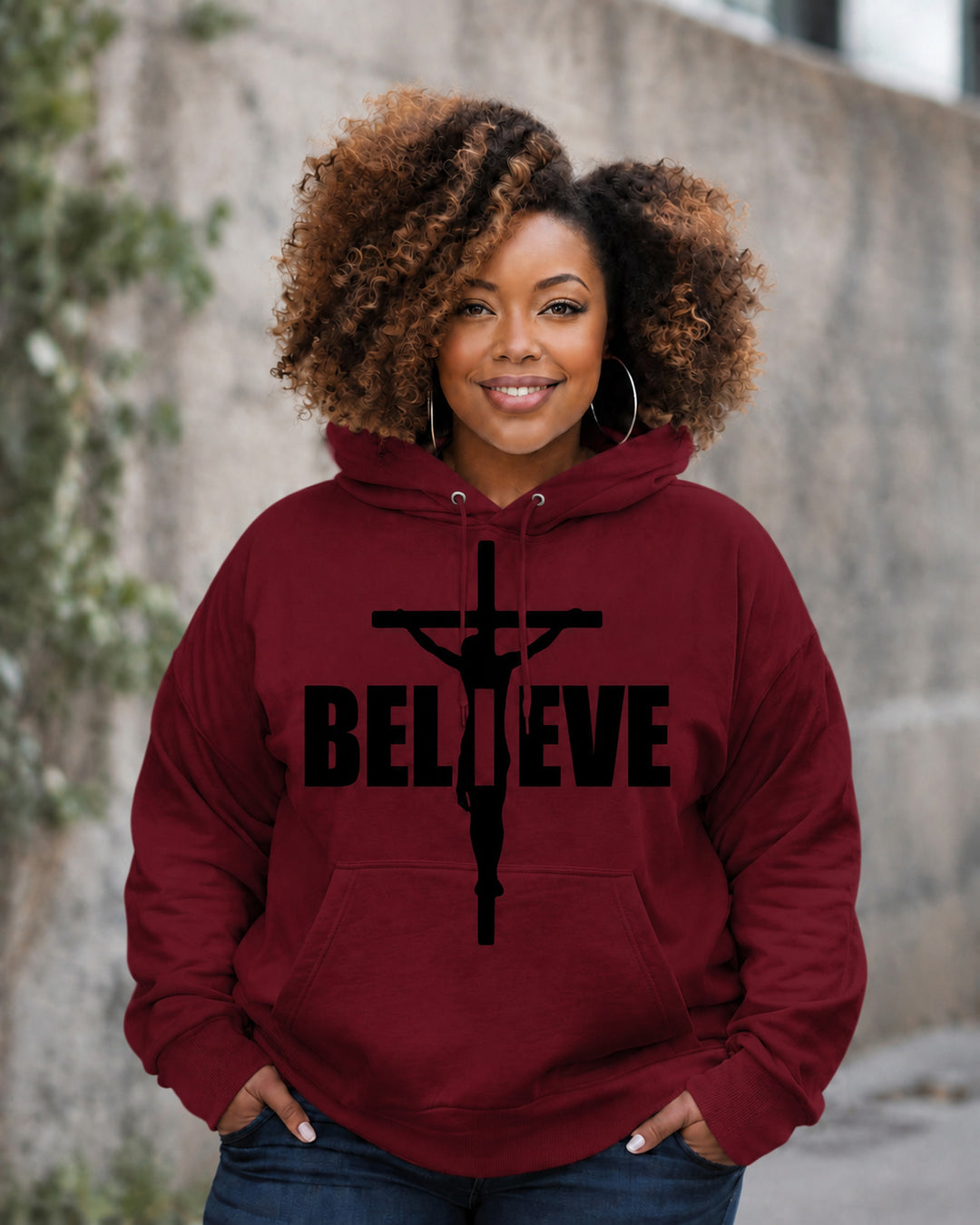 Women's Believe Christmas Jesus Prints Long Sleeve Hoodie