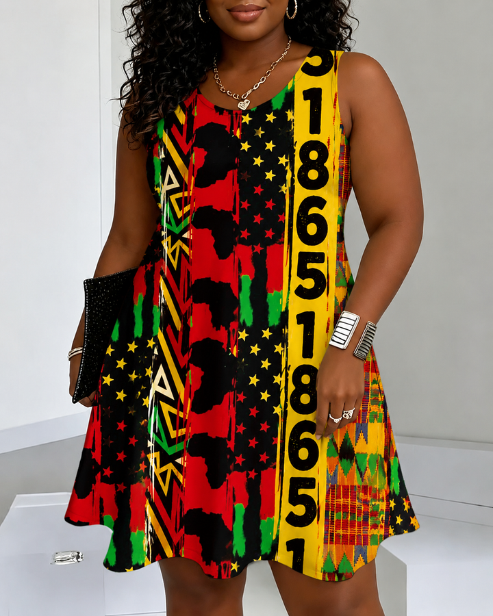 Juneteenth 1865 African Map Round Neck Sleeveless Mini Casual Dress