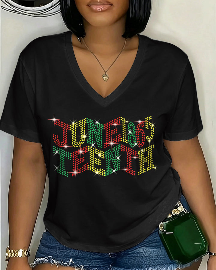 100% Cotton Juneteenth Colorful Polka Dots V Neck Short Sleeve Tshirt