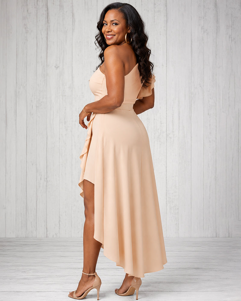 One-shoulder Ruffled Lace Irregular Midi Dress