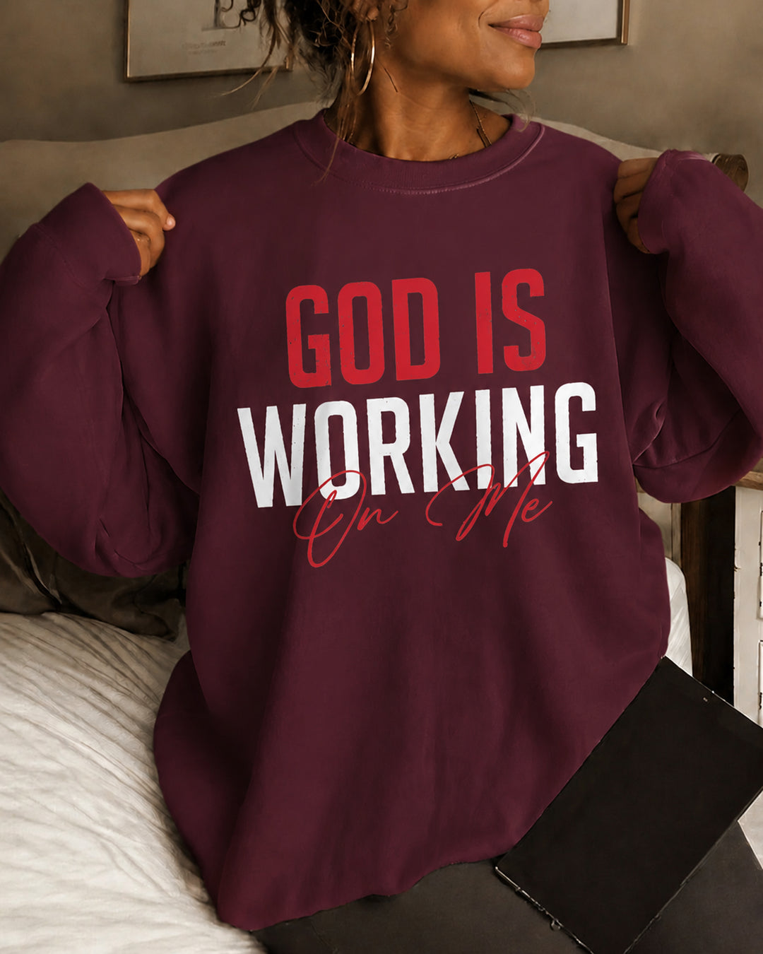 Women's God Is Working On Me Round Neck Sweatshirt