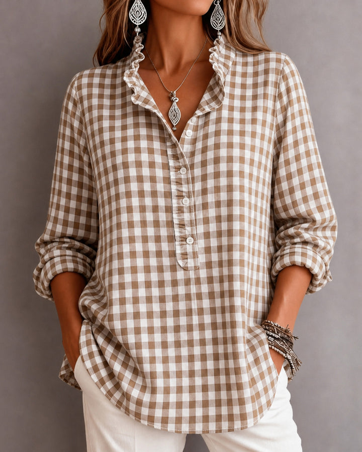 Striped Plaid Ruffle Trim Long Sleeve Casual Blouse