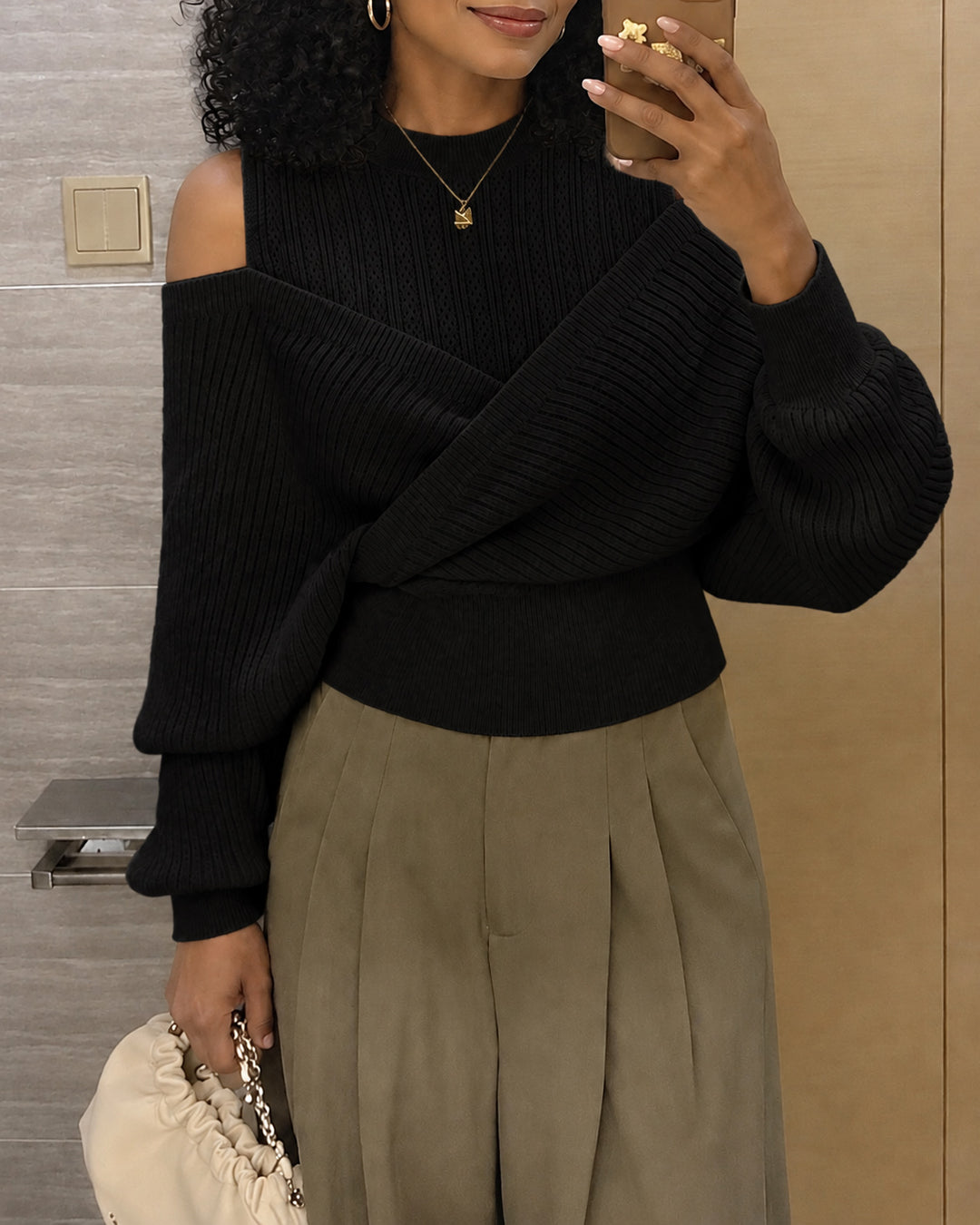 Women's Mock Neck Cold Shoulder Knit Sweater