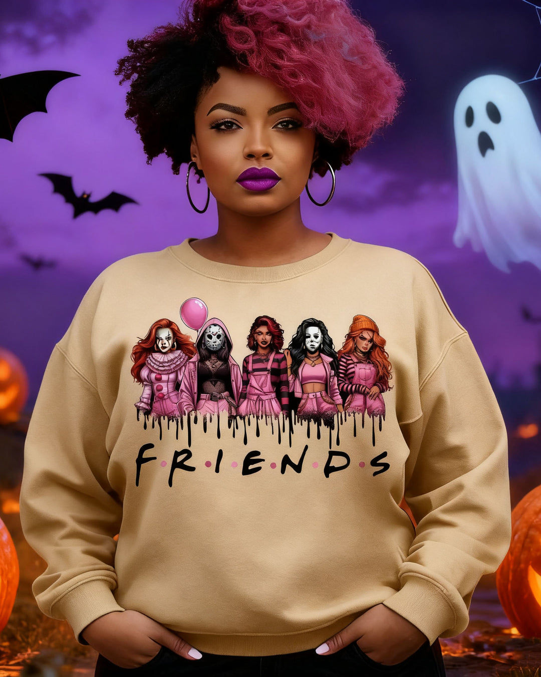 Pink Thug Life Horror Friend Crewneck Long Sleeve Sweatshirt