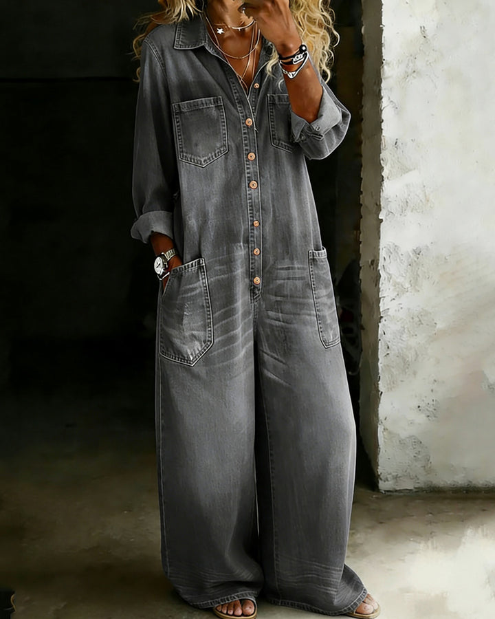 100% Washed Denim Collared Button-down Wide-leg Jumpsuit
