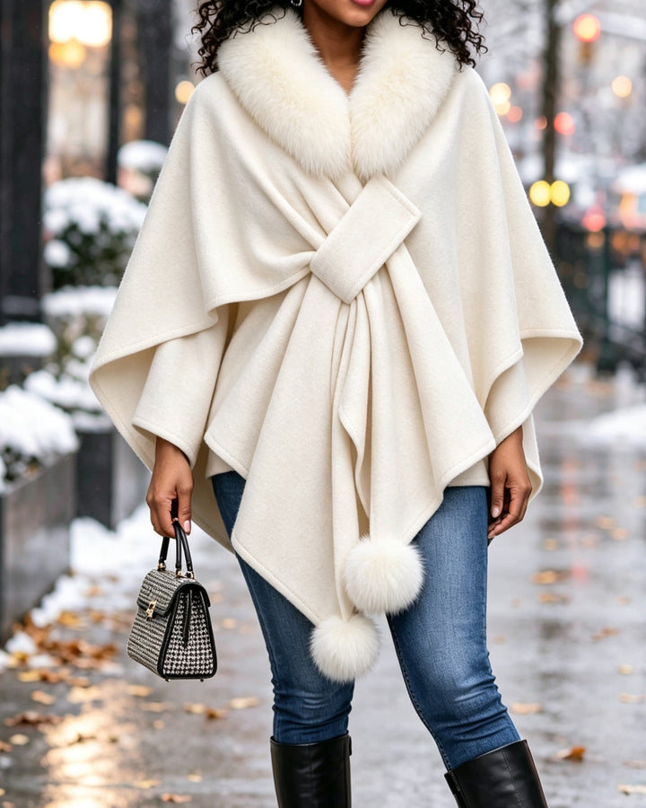 Women's Faux Fur Collar Wool Blend Poncho Cape