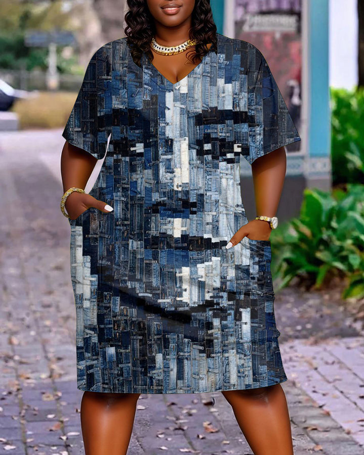 Denim Patch Face Art Print Pocket Casual Dress