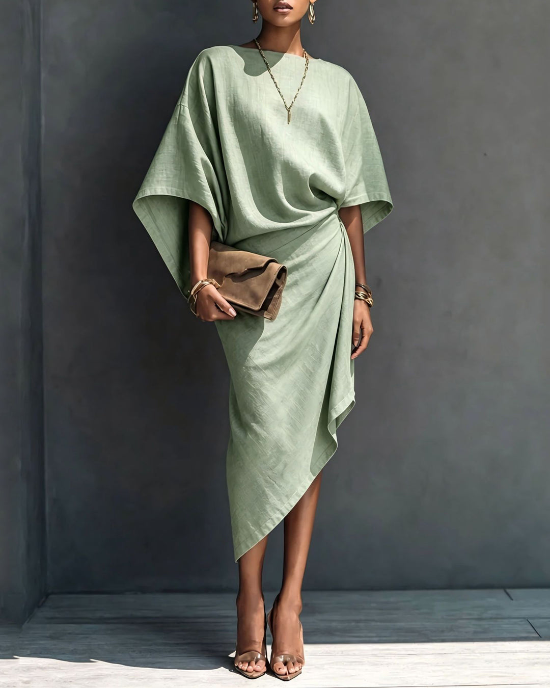 Cotton and Linen Batwing Sleeve Wrap-style Asymmetrical Midi Dress