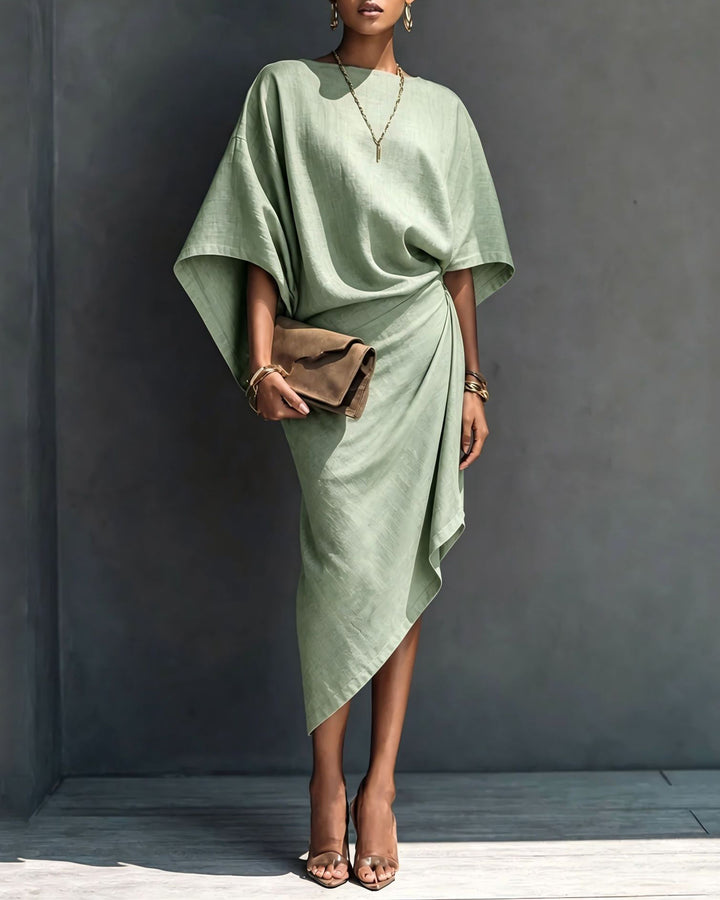 Cotton and Linen Batwing Sleeve Wrap-style Asymmetrical Midi Dress