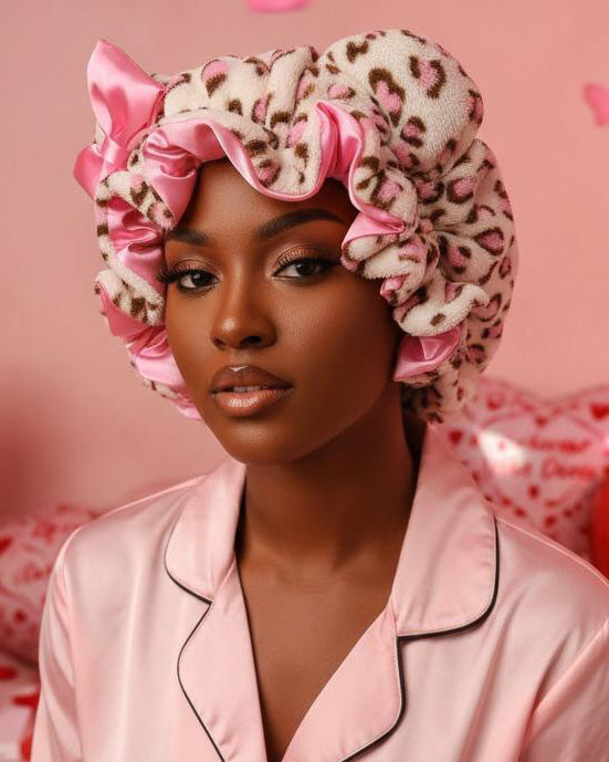 Women's Leopard Print Plush Hair Bonnet with Big Red Bow